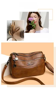 Detail of vintage brown multi-layer crossbody bag with gold kangaroo logo and zippers