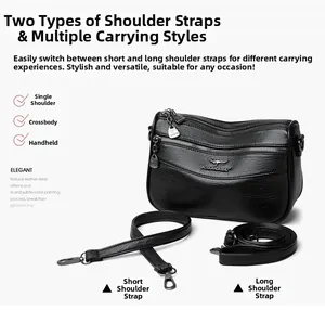 Detail of black pebbled leather crossbody bag with dual detachable straps and logo