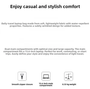 Waterproof tote bag details showing dual 15.6 inch laptop compartments weighing 0.53kg