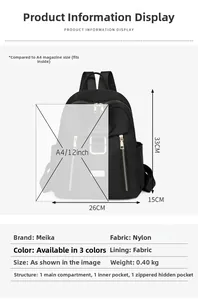 Detail view of lightweight waterproof nylon backpack with internal pockets and A4 capacity