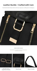 Detail of durable black nylon backpack with gold metal buckles and branded patch