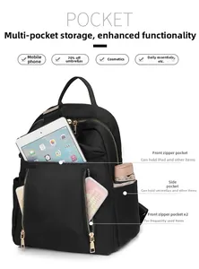 Detail showing multifunctional storage pockets for iPad and daily essentials in black nylon bag