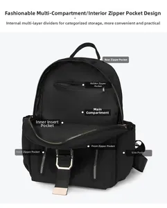 Detailed view of black nylon backpack showing multi-pocket interior and organized storage