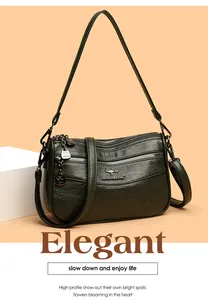 Detail of dark green multi-pocket crossbody bag with pebble grain faux leather texture