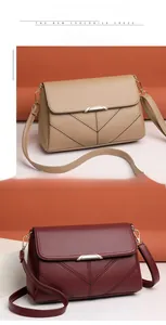 Detail view of khaki and wine red flap crossbody bags with V-quilt stitching and gold locks