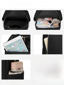 Detail view of the black waterproof nylon backpack showing multiple storage compartments