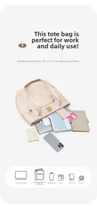 Large beige tote bag showing internal capacity for a 15 inch laptop and A4 magazines