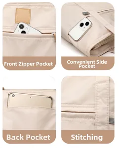 Detail view of water-resistant tote bag featuring front zipper, side pockets and fine stitching
