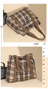 Detail of the checkered tote bag showing side pockets and snap closure mechanism