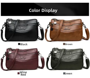 Multi-layer crossbody bag color options in black, brown, burgundy, and green tones