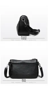 Detail view of black pebbled leather crossbody bag showing back pocket and side structure