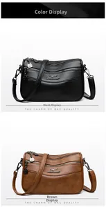 Detailed close-up of premium multi-layer crossbody bags in black and brown pebble leather