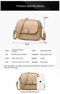 Detailed size chart of the crossbody bag with dimensions 19x14x7cm and iPhone 12 comparison