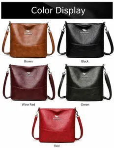 Five-color collection of leather bucket bags with wide straps and metal kangaroo logo