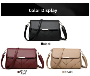 Three-color display of flap crossbody bags in black, burgundy and khaki pebble leather