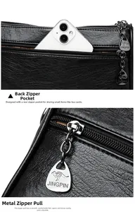 Close-up of leather texture, back zipper pocket for phone, and engraved metal zipper pull