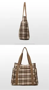 Detail view of plaid tote bag featuring side pockets and a secure back zipper pocket