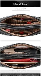 Detail view of large capacity black leather handbag with multi-layer interior compartments