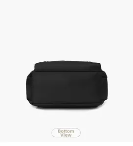 Detailed bottom view of the waterproof black nylon backpack with fine stitching quality