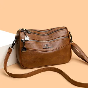 Women's Multi-Layer Zipper Crossbody Bag Soft PU Leather Large Capacity Shoulder Bag With Animal Motif Solid Color Satchel