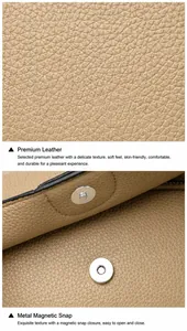 Macro detail of beige lychee grain leather bag showing the silver magnetic snap closure