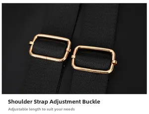 Close-up of rose gold metal adjustment buckles on a durable black nylon backpack strap