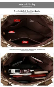Detailed interior of checkered tote bag showing spacious compartments and zip pockets