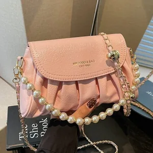 Sac Nuage Froncé pour Femmes Élégant Sac Bandoulière en Cuir PU Avec Chaîne de Künstliche Perles Décorative Sac à Épaule pour Fête Mode