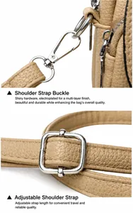 Detail of silver hardware buckle and lychee texture on khaki leather crossbody bag