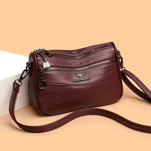 Fashionable dark red multi-layer large capacity crossbody bag with adjustable strap