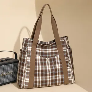 Women Plaid Canvas Tote Bag Large Capacity Gingham Shoulder Bag For University Student Commuting School Brown Handbag