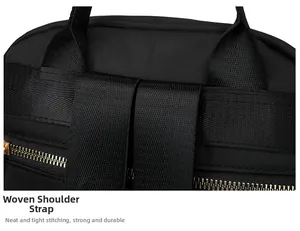 Detail of reinforced woven straps and precise stitching on black nylon travel backpack