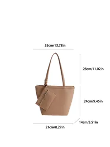 Khaki Shopper-Tasche Set zeigt Maße und großzügige Kapazität aus Leder mit Narbenstruktur