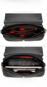 Internal compartments of black leather bag showing storage for umbrella and tablet