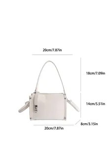 Off-white faux leather baguette bag with silver hardware and detailed size dimensions