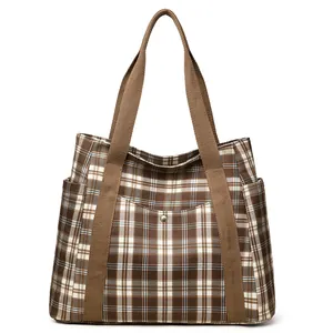 Large capacity canvas tote bag with brown checkered pattern and wide shoulder straps