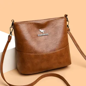 Women's Lychee Texture PU Leather Bucket Bag Shoulder Crossbody Bag Metal Kangaroo Logo Fashion Daily Handbag Purses