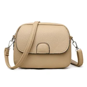 Elegant khaki cross-body bag for women with lychee texture leather and flap closure
