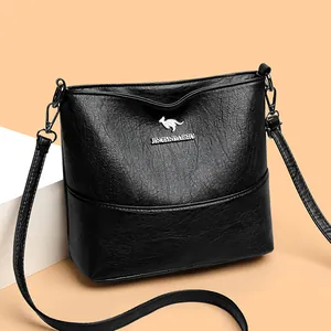 Chic black litchi pattern bucket bag with wide strap and silver kangaroo logo detail