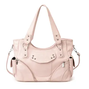 Sac fourre-tout rose en cuir PU mat avec rivets argentés et doubles bandoulières chic