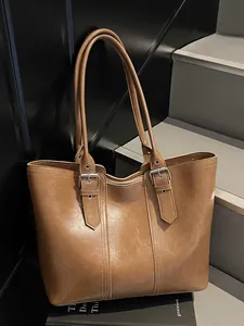 Sac Tote Femme Grande Capacité en Cuir PU Vintage Sac à Épaule Navette Coutures Décoratives Boucle Métallique