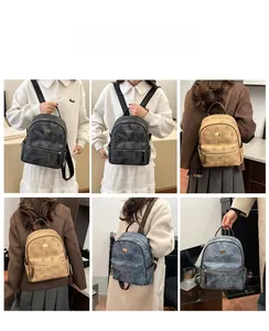 Detailed views of vintage floral textured backpacks in black, khaki, and blue on models