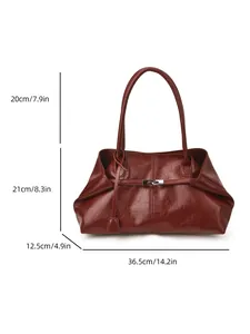 Large vintage burgundy tote bag with litchi texture and detailed size dimensions