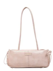 Minimalist light pink leather Boston shoulder bag with drawstrings on a white background