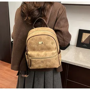 Detailed back view of brown embossed floral tote backpack with textured matte finish
