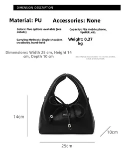 Dettagli borsa nera con larghezza 25 cm, altezza 14 cm e decorazione con fiocco