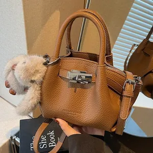 Women Litchi Texture PU Leather Bucket Bag Minimalist Crossbody Shoulder Bag With Metal Twist Lock Plush Rabbit Pendant