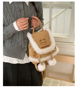 Detail of plush khaki mini backpack featuring white faux fur trim and cute cat embroidery