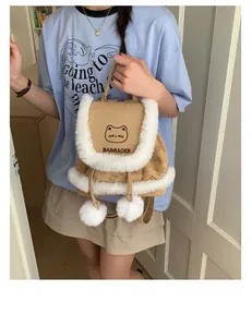 Detail showing plush trim and cute cat embroidery on a brown mini student backpack