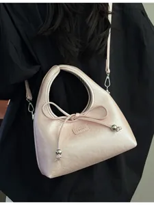 Borsa a mano rosa pallido in pelle PU con fiocco e perline argentate da donna